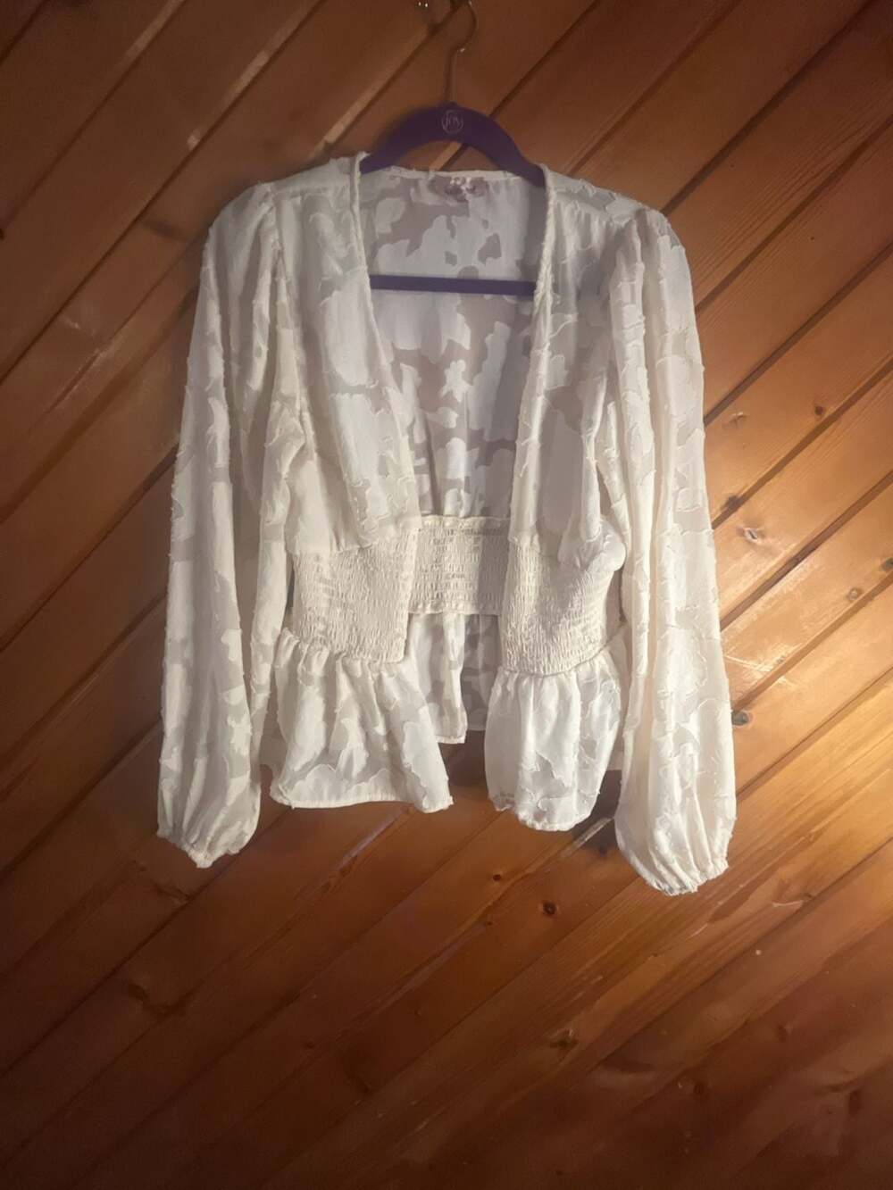 Willow Root Ivory Floral Jacquard Smocked Waist Peplum Long Sleeve Blouse
